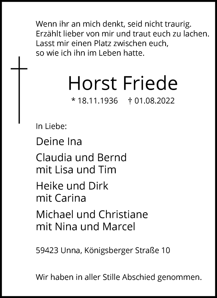  Traueranzeige für Horst Friede vom 06.08.2022 aus Hellweger Anzeiger