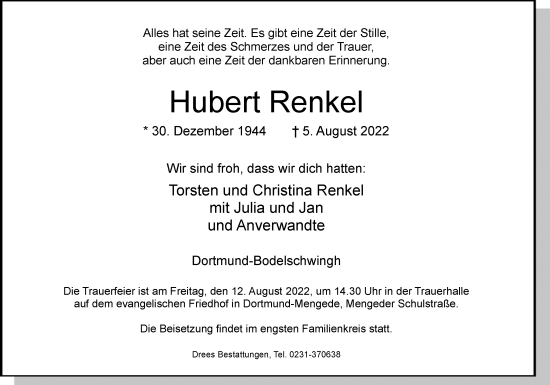 Traueranzeige von Hubert Renkel 