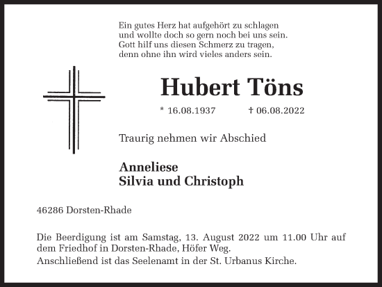 Traueranzeige von Hubert Töns von Ruhr Nachrichten und Dorstener Zeitung