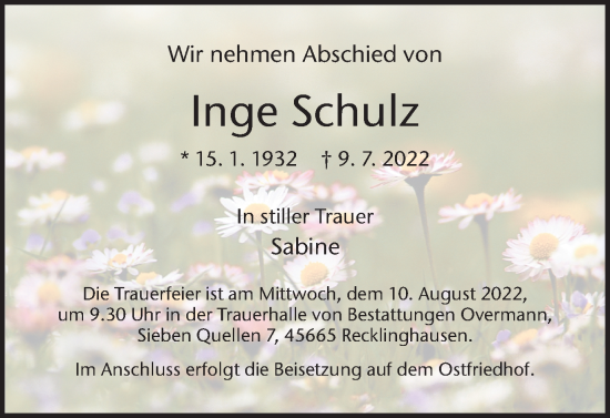 Traueranzeige von Inge Schulz von Medienhaus Bauer