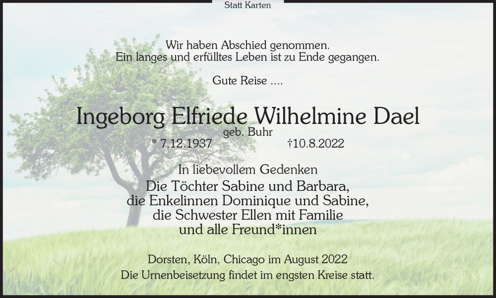  Traueranzeige für Ingeborg Elfriede Wilhelmine Dael vom 16.08.2022 aus Ruhr Nachrichten und Dorstener Zeitung