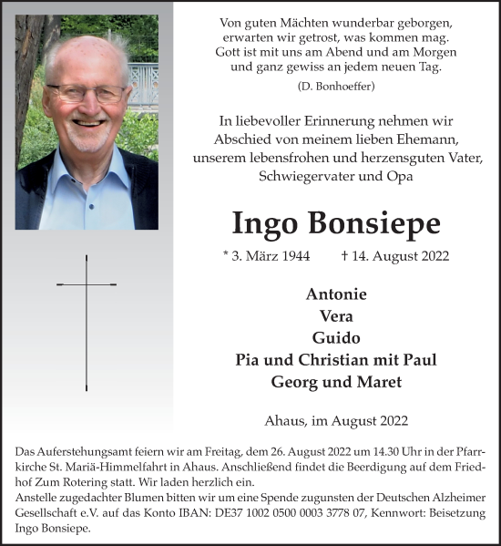 Traueranzeige von Ingo Bonsiepe von Münstersche Zeitung und Münsterland Zeitung