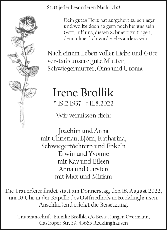 Traueranzeige von Irene Brollik von Medienhaus Bauer