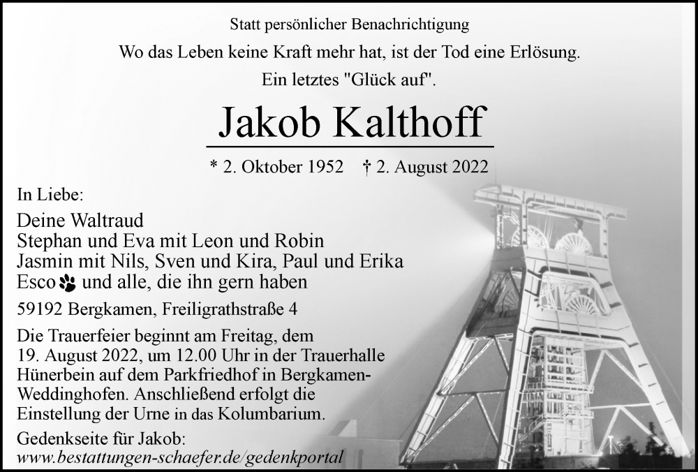  Traueranzeige für Jakob Kalthoff vom 06.08.2022 aus Hellweger Anzeiger