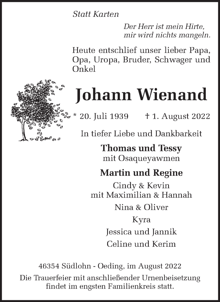  Traueranzeige für Johann Wienand vom 06.08.2022 aus Münstersche Zeitung und Münsterland Zeitung