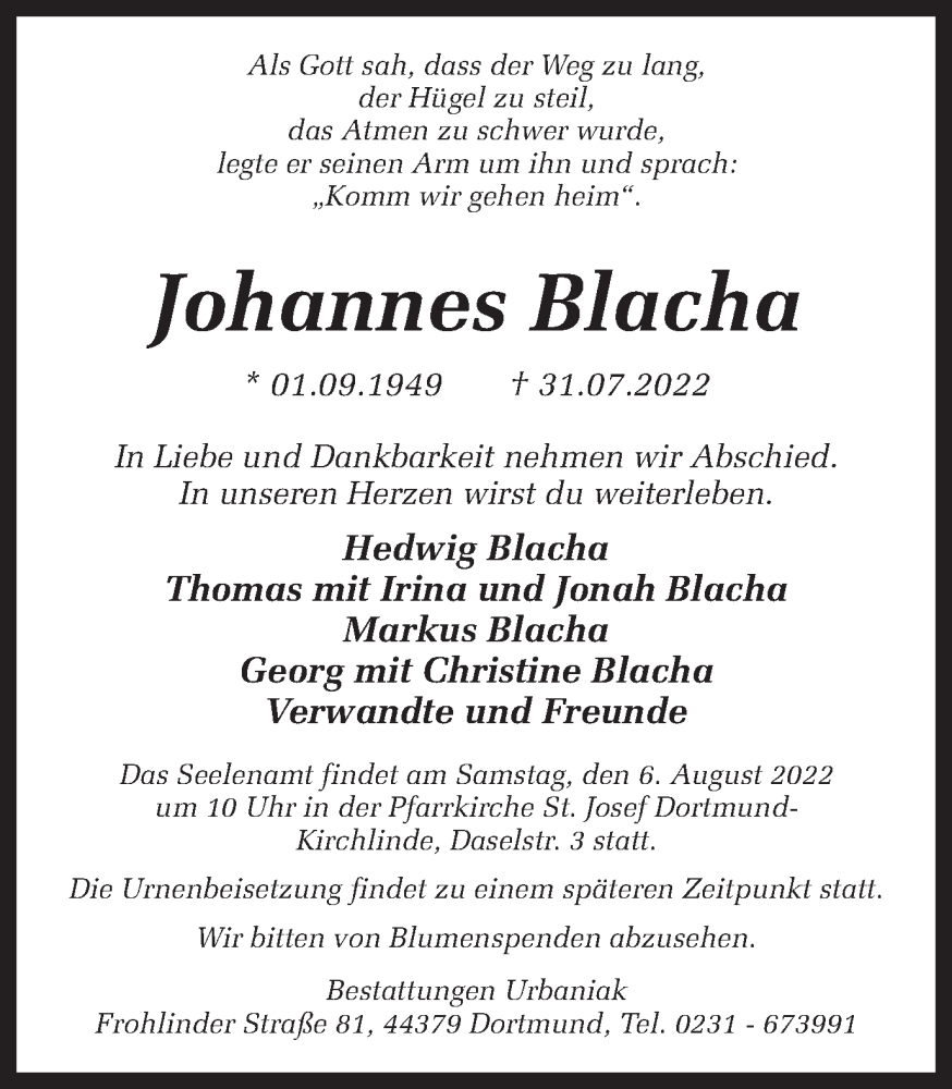  Traueranzeige für Johannes Blacha vom 03.08.2022 aus 