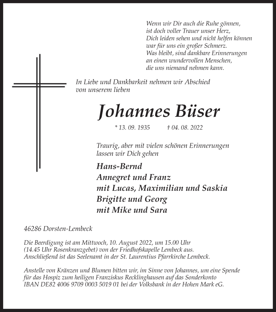  Traueranzeige für Johannes Büser vom 06.08.2022 aus Ruhr Nachrichten und Dorstener Zeitung