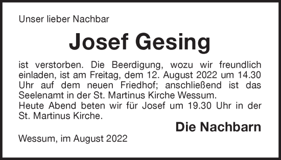 Traueranzeige von Josef Gesing von Münstersche Zeitung und Münsterland Zeitung