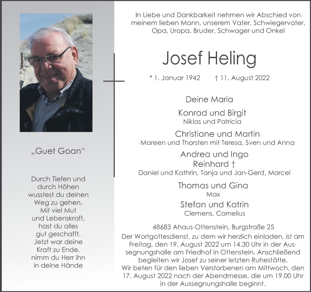  Traueranzeige für Josef Heling vom 13.08.2022 aus Münstersche Zeitung und Münsterland Zeitung