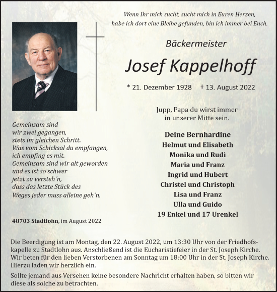 Traueranzeige von Josef Kappelhoff von Münstersche Zeitung und Münsterland Zeitung