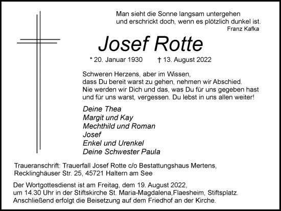 Traueranzeige von Josef Rotte von Ruhr Nachrichten und Halterner Zeitung