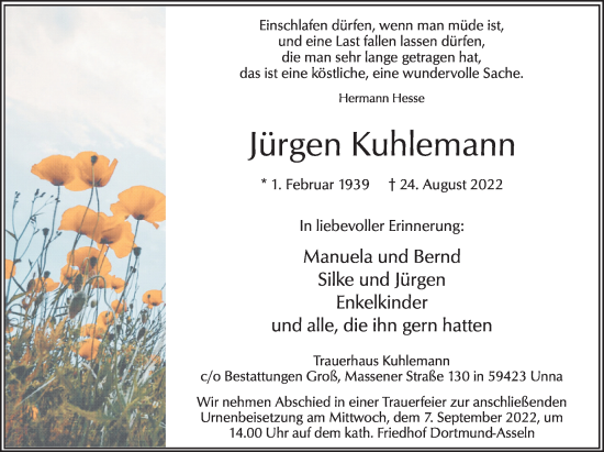 Traueranzeige von Jürgen Kuhlemann von Hellweger Anzeiger