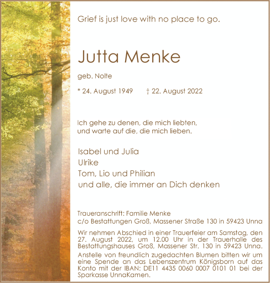 Traueranzeige von Jutta Menke von Hellweger Anzeiger