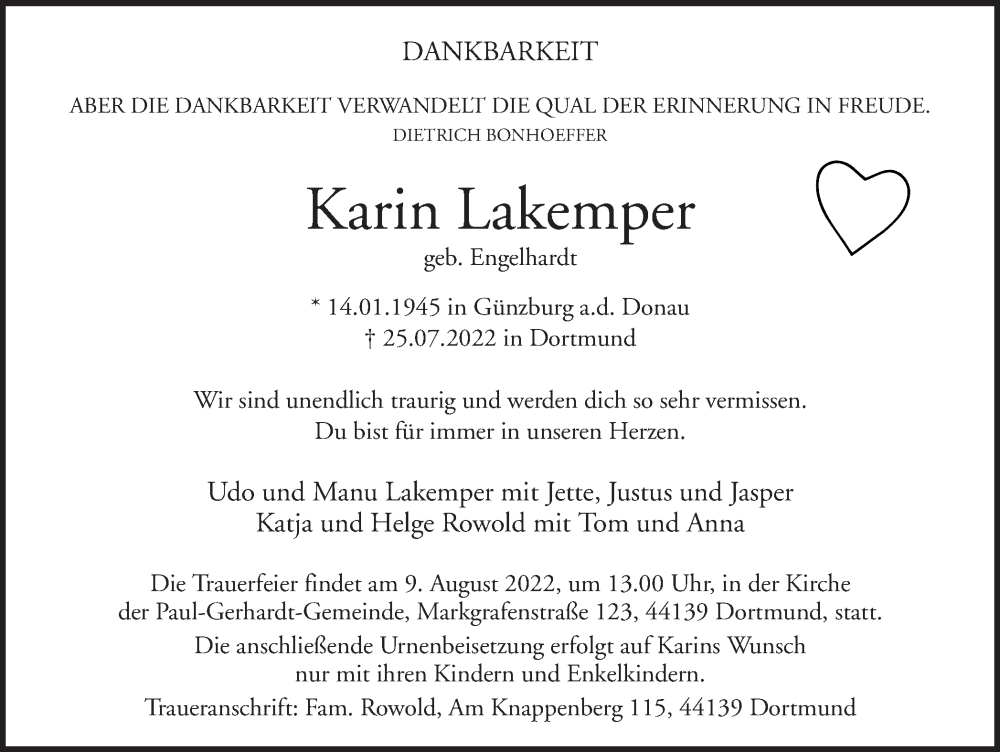  Traueranzeige für Karin Lakemper vom 03.08.2022 aus 