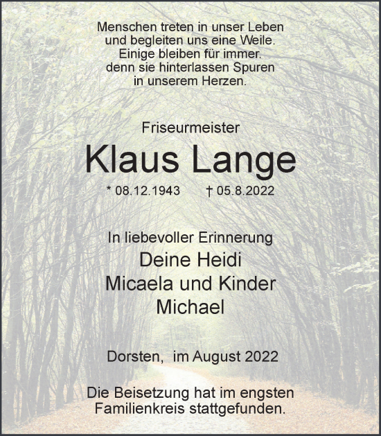 Traueranzeige von Klaus Lange von Ruhr Nachrichten und Dorstener Zeitung