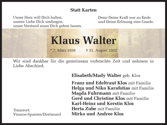 Traueranzeige von Klaus Walter 