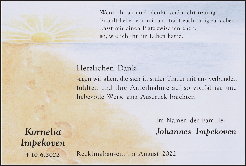  Traueranzeige für Kornelia Impekoven vom 13.08.2022 aus Medienhaus Bauer