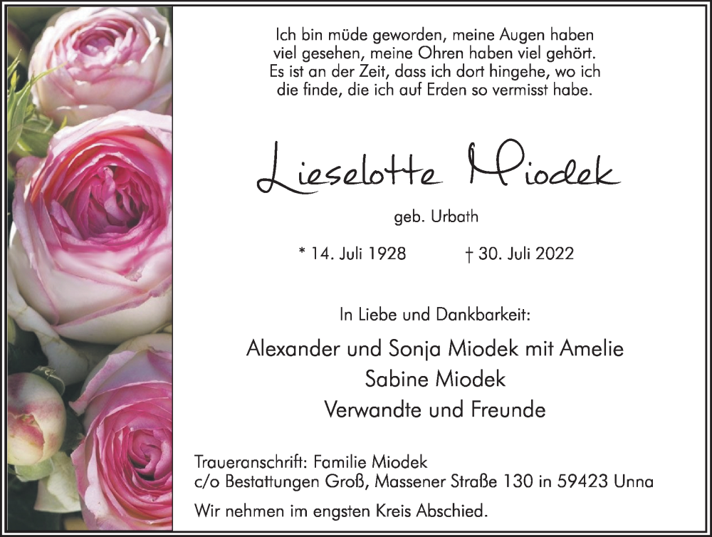  Traueranzeige für Lieselotte Miodek vom 06.08.2022 aus 