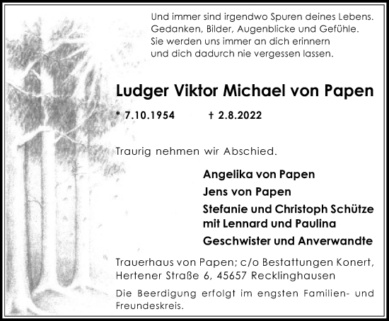 Traueranzeige von Ludger Viktor Michael von Papen von Medienhaus Bauer