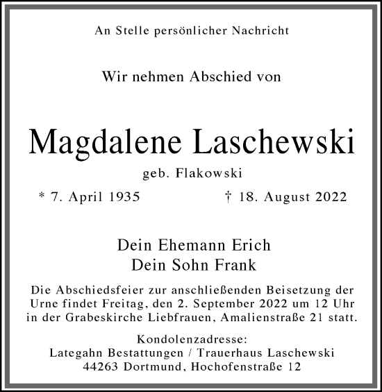 Traueranzeige von Magdalene Laschewski 