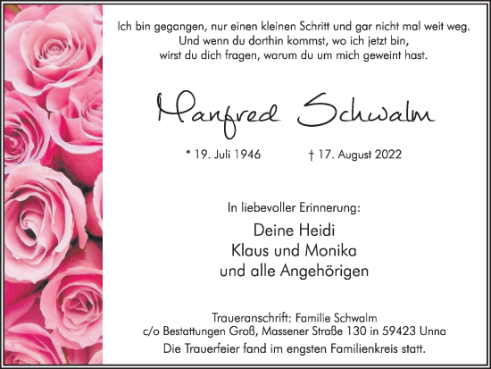 Traueranzeige von Manfred Schwalm von Hellweger Anzeiger