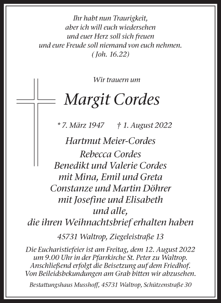  Traueranzeige für Margit Cordes vom 06.08.2022 aus Medienhaus Bauer