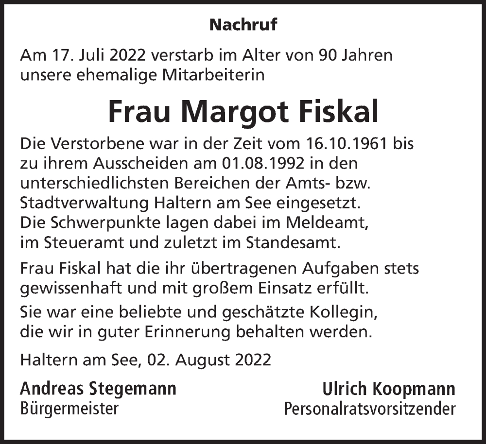  Traueranzeige für Margot Fiskal vom 03.08.2022 aus Ruhr Nachrichten und Halterner Zeitung