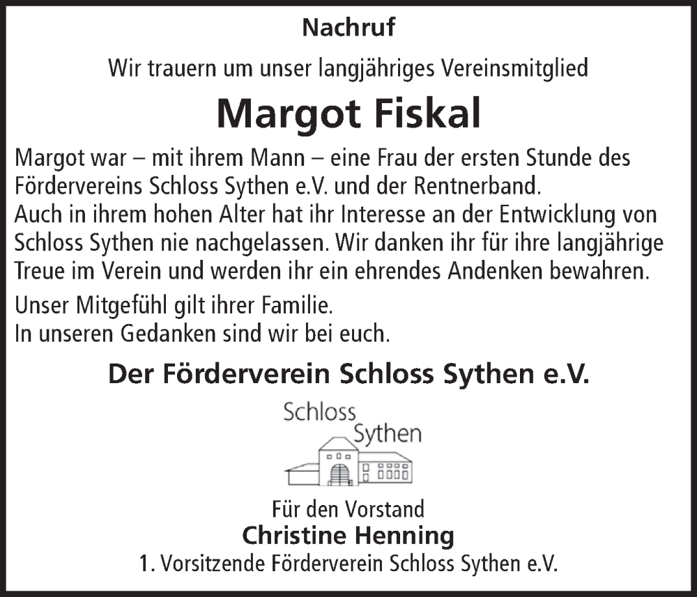  Traueranzeige für Margot Fiskal vom 02.08.2022 aus Ruhr Nachrichten und Halterner Zeitung