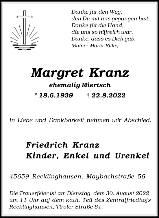 Traueranzeige von Margret Kranz von Medienhaus Bauer