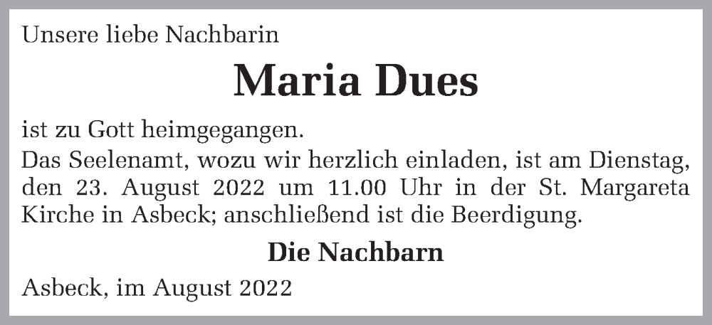  Traueranzeige für Maria Dues vom 22.08.2022 aus Münstersche Zeitung und Münsterland Zeitung