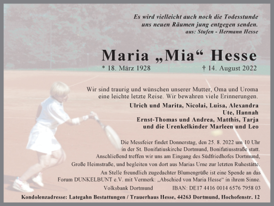 Traueranzeige von Maria Hesse 