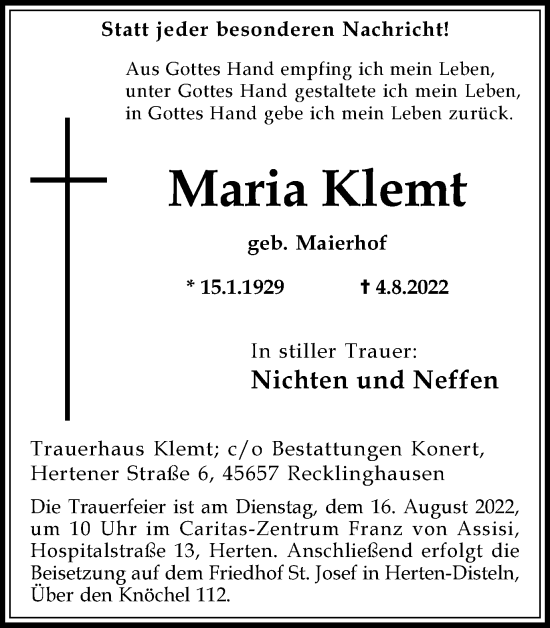 Traueranzeige von Maria Klemt von Medienhaus Bauer