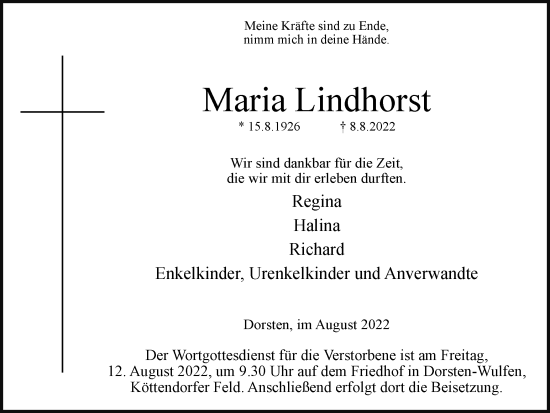 Traueranzeige von Maria Lindhorst von Ruhr Nachrichten und Dorstener Zeitung