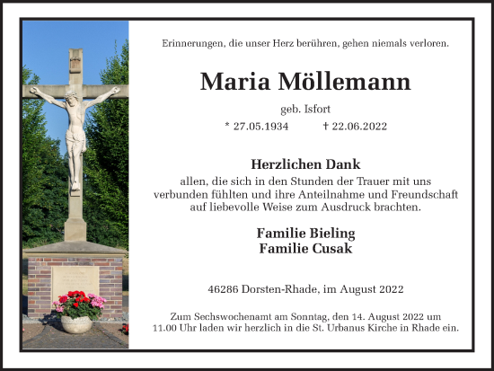 Traueranzeige von Maria Möllemann von Ruhr Nachrichten und Dorstener Zeitung