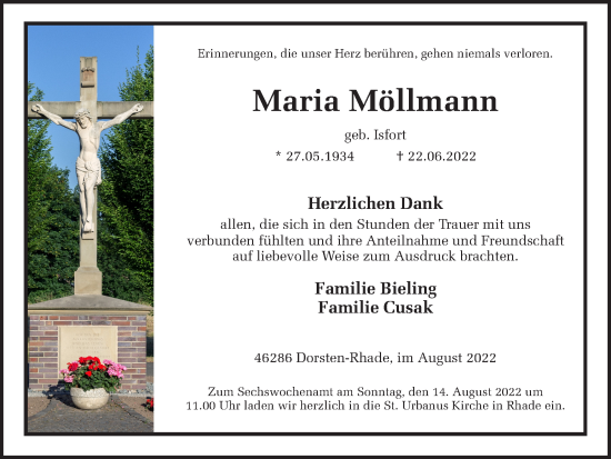 Traueranzeige von Maria Möllmann von Ruhr Nachrichten und Dorstener Zeitung