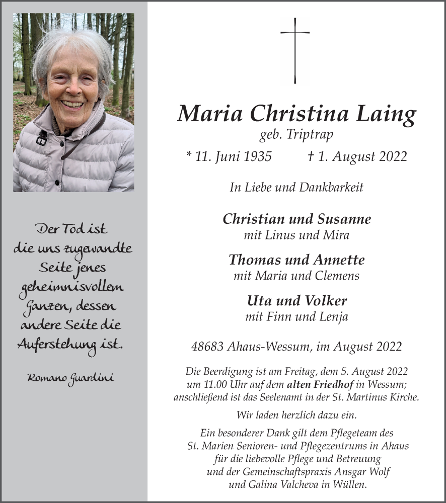  Traueranzeige für Maria Christina Laing vom 03.08.2022 aus Münstersche Zeitung und Münsterland Zeitung