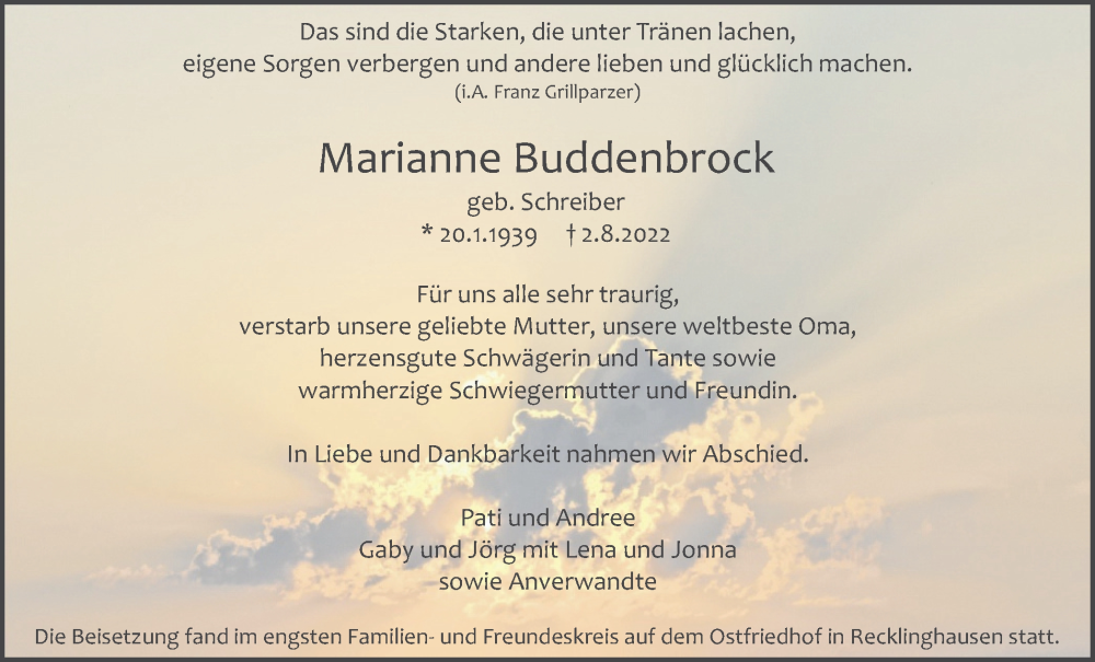 Traueranzeige für Marianne Buddenbrock vom 17.08.2022 aus Medienhaus Bauer