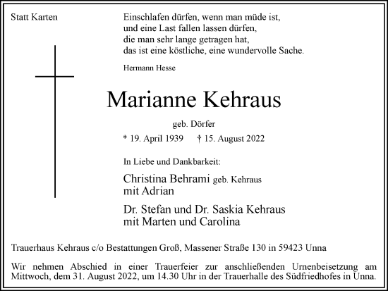 Traueranzeige von Marianne Kehraus von Hellweger Anzeiger