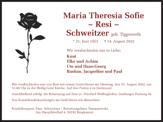 Traueranzeige von Maria Theresia Sofie Schweitzer 