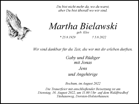 Traueranzeige von Martha Bielawski von Ruhr Nachrichten und Dorstener Zeitung
