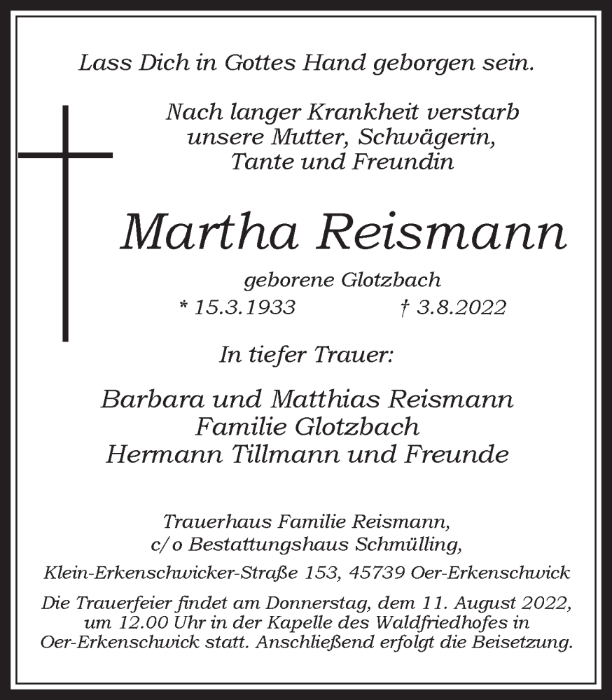  Traueranzeige für Martha Reismann vom 06.08.2022 aus Medienhaus Bauer