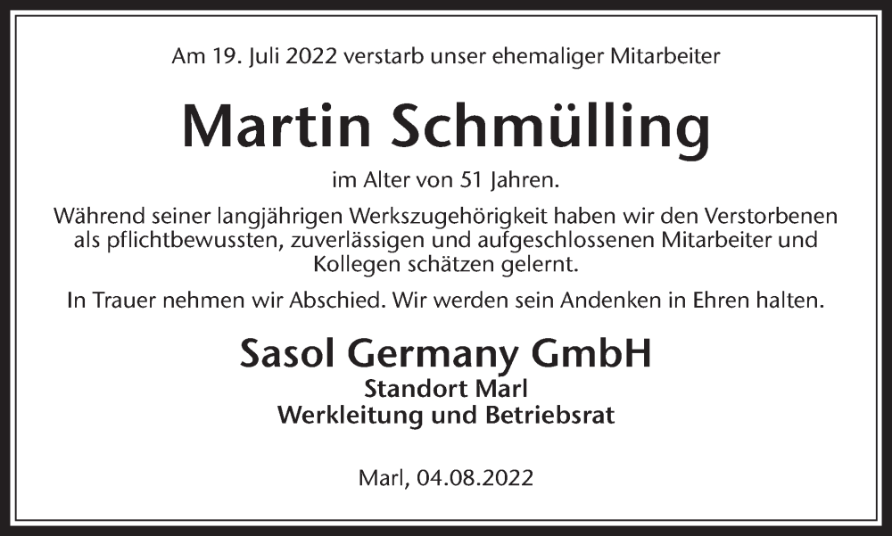  Traueranzeige für Martin Schmülling vom 04.08.2022 aus Medienhaus Bauer