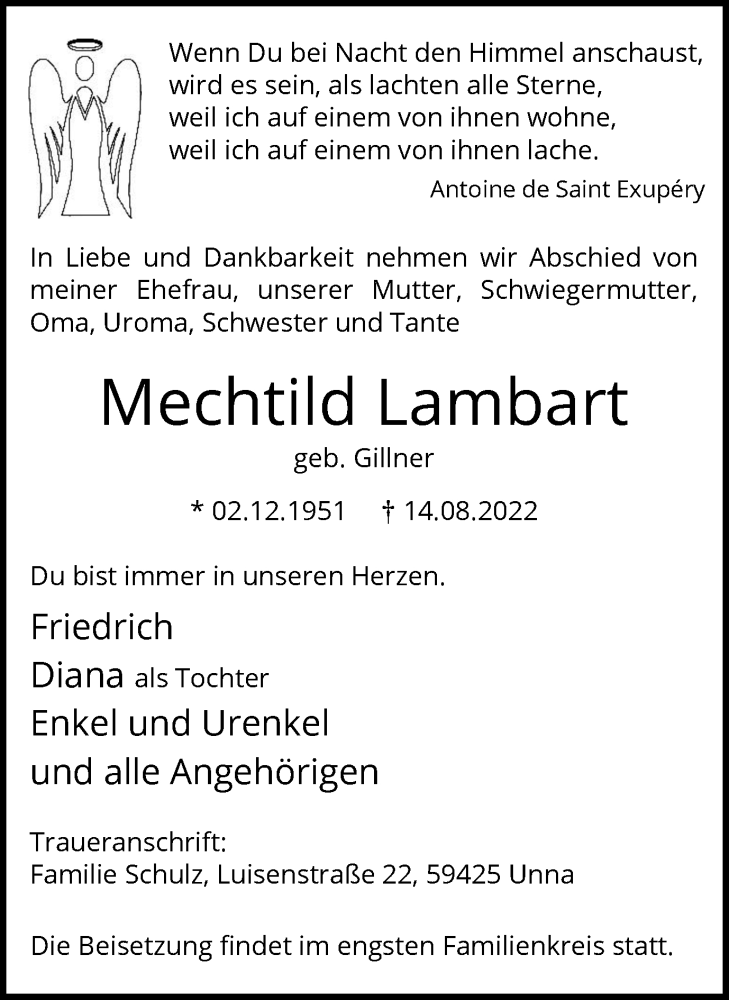  Traueranzeige für Mechtild Lambart vom 16.08.2022 aus Hellweger Anzeiger