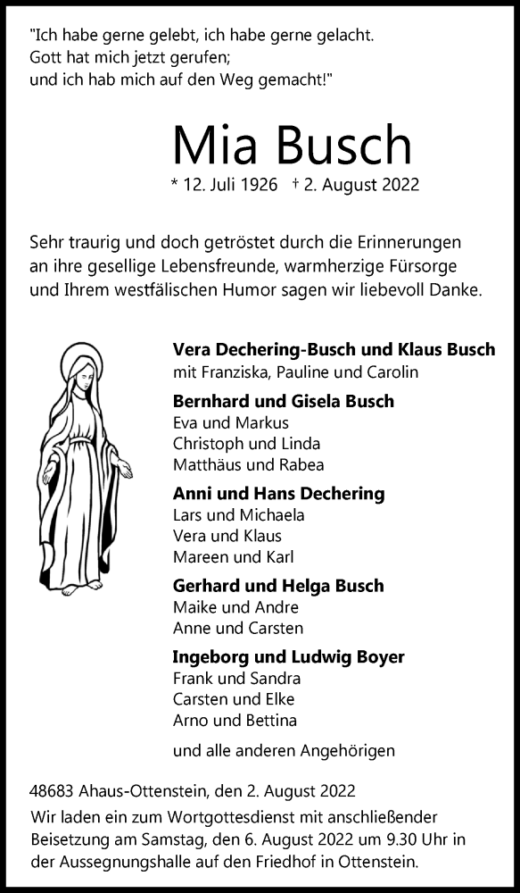  Traueranzeige für Mia Busch vom 04.08.2022 aus Münstersche Zeitung und Münsterland Zeitung