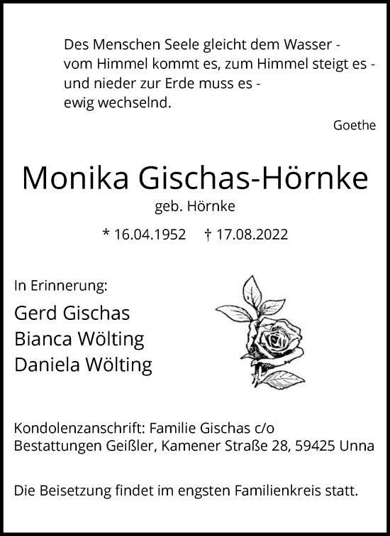 Traueranzeige von Monika Gischas-Hörnke von Hellweger Anzeiger