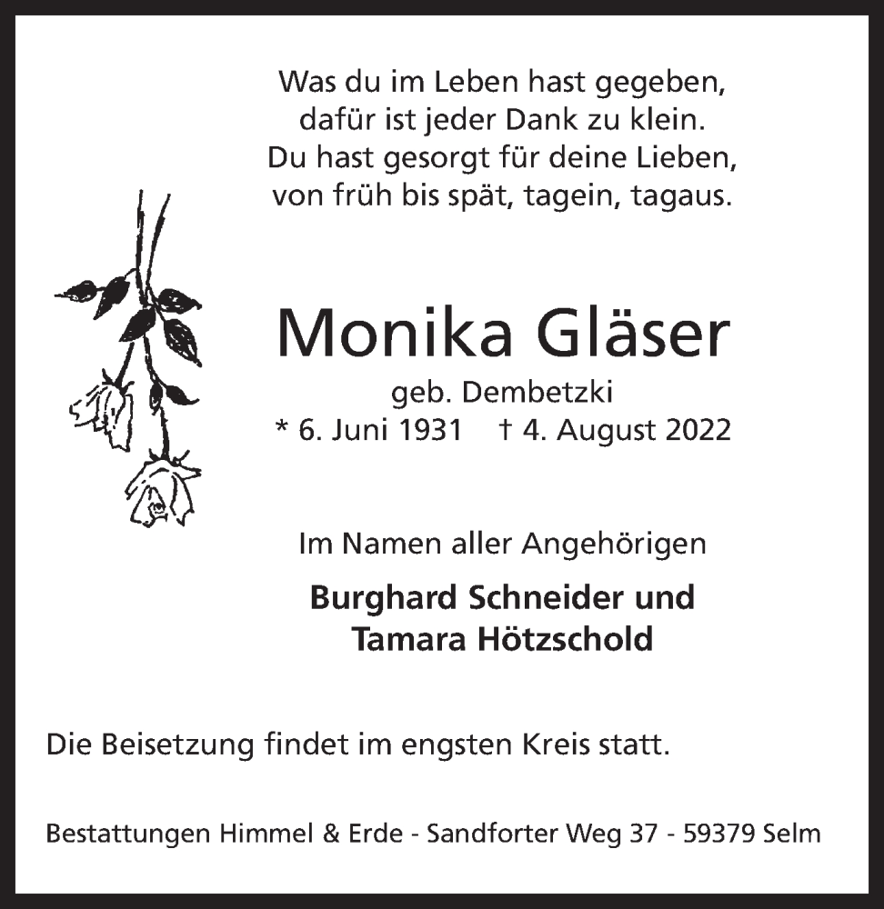  Traueranzeige für Monika Gläser vom 06.08.2022 aus Ruhr Nachrichten