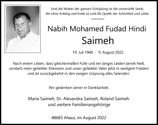 Traueranzeige von Nabih Mohamed Fudad Hindi Saimeh von Münstersche Zeitung und Münsterland Zeitung