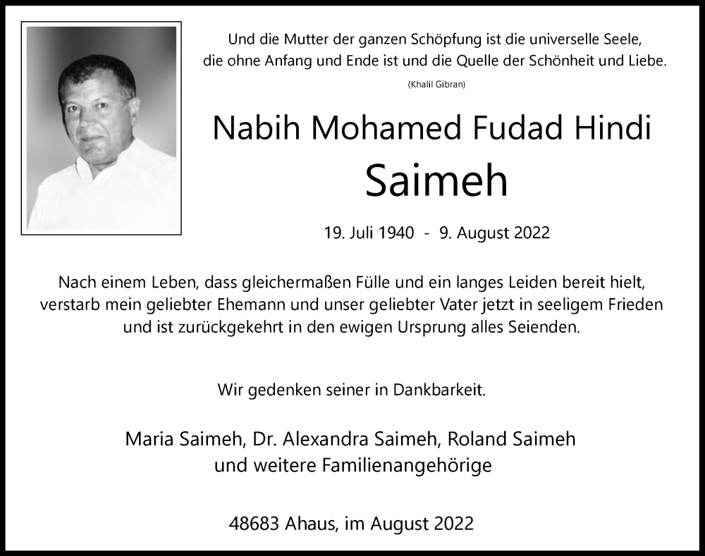  Traueranzeige für Nabih Mohamed Fudad Hindi Saimeh vom 13.08.2022 aus Münstersche Zeitung und Münsterland Zeitung