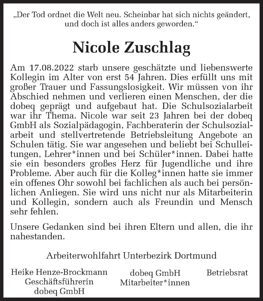  Traueranzeige für Nicole Zuschlag vom 24.08.2022 aus 