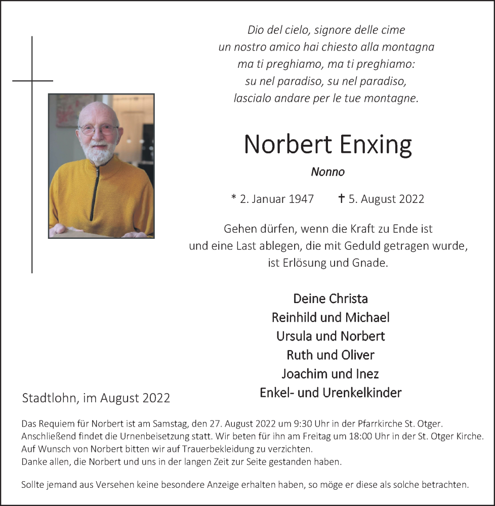  Traueranzeige für Norbert Enxing vom 23.08.2022 aus Münstersche Zeitung und Münsterland Zeitung